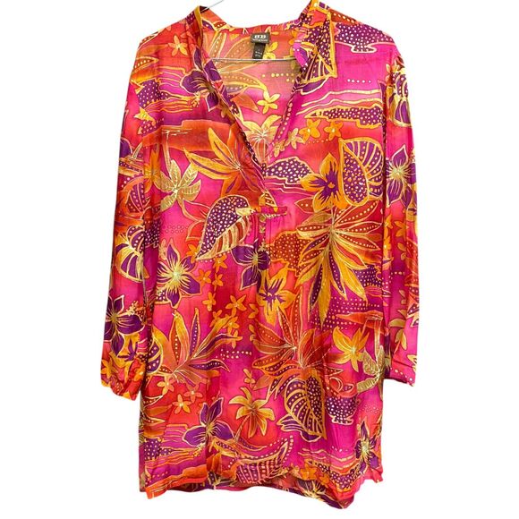 Boo Gemes cotton silk floral Hawaiian thin tunic blouse colorful cruise size L - Picture 2 of 12